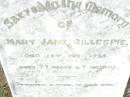 Mary Jane GILLESPIE,
died 15 Feb 1935 aged 77 years 7 months;
Swan Creek Anglican cemetery, Warwick Shire