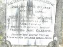 Francis GILLESPIE,
7 Jan 1861 - 22 Apr 1935;
Jane GILLESPIE,
wife of Francis GILLESPIE,
died 1 July 1926 aged 63 years;
Walter ?? GILLESPIE,
died 2 Sept 1920 aged 19 years;
William Henry GILLESPIE,
died 29 Dec 1891 aged 10 months;
sons of Francis & Jane GILLESPIE;
Swan Creek Anglican cemetery, Warwick Shire