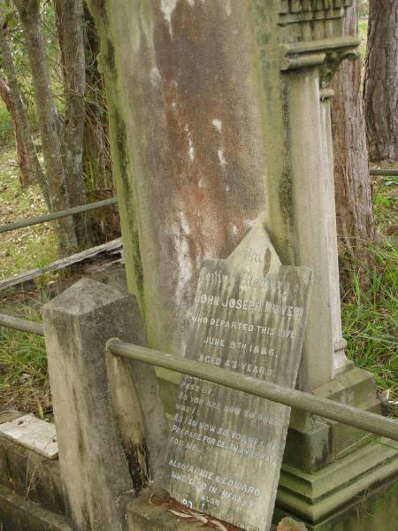 John Joseph DWYER,  | died 9 June 1886 aged 43 years;  | Annie & Edward,  | died in infancy;  | Edward St John DWYER,  | died 19 March 1912 aged 31 years 11 months;  | Maria DWYER,  | born Co Meath Ireland 1844,  | died 10 Aug 1926 aged 82 years;  | Tallebudgera Catholic cemetery, City of Gold Coast  | 
