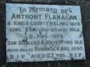 Anthony FLANAGAN
B: Kings Co, Ireland, 1828
Emig: Erin - Go - Bragh, 1862
D: Aug 1903
Son Bernard. B: Waterford, QLD
killed Running Creek, Aug 1890
aged 27
Tamborine Catholic Cemetery, Beaudesert