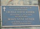 Croell Davis REISER
B: 27 May 1906
D: 26 Apr 1993
mother
Mary Anne REISER
B: 2 Apr 1878
D: 6 Nov 1952
Tamborine Catholic Cemetery, Beaudesert