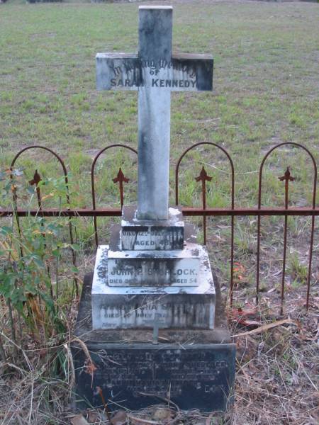 Sarah KENNEDY  | 12 Jul 1898  | aged 48  |   | John P SHERLOCK  | 26 Apr 1908  | aged 54  |   | Annie Maria SHERLOCK  | 1 Jul 1921  | aged 71  |   | Sarah H KENNEDY  | 12 Jul 1897  | aged 54  |   | John P SHERLOCK  | 6 Apr 1908  | aged 52  |   | Annie Maria SHERLOCK  | 1 Jul 1921  | aged 71  |   | John Patrick KENNEDY  | 22 May 1931  | aged 59  |   | Tamborine Catholic Cemetery, Beaudesert  |   | 