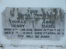 Thomas Henry TODD
b: 5 Jun 1896, d: 27 Jan 1953
Annie Isabel TODD
b: 16 Oct 1901
d: 1 Apr 1978
Tamrookum All Saints church cemetery, Beaudesert