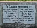 Arthur BARLOW
d: 28 Aug 1950, aged 61
Maria BARLOW
d: 15 Apr 1993, aged 92
Tamrookum All Saints church cemetery, Beaudesert