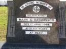 Mary C. RASMUSSEN, mother,
died 1 April 1949 aged 65 years;
Tarampa Apostolic cemetery, Esk Shire