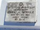 Emma A. SCHULZ, mother,
died 10 Dec 1964 aged 88 years;
Tarampa Apostolic cemetery, Esk Shire