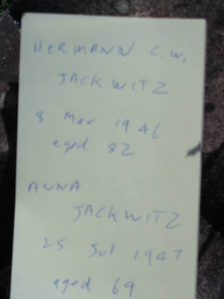 Hermann C W JACKWITZ  | 8 Mar 1946 aged 82  | Anna JACKWITZ  | 25 Jul 1947 aged 69  | Tarampa Baptist Cemetery, Esk Shire  | 
