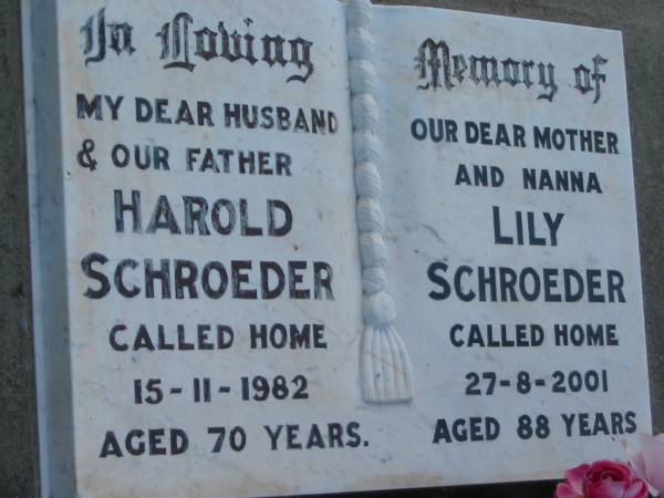 Harold SCHROEDER  | 15 Nov 1982 aged 70  | Lily SCHROEDER  | 27 Aug 2001 aged 88  | Tarampa Baptist Cemetery, Esk Shire  | 