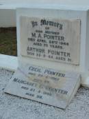M A POINTER
25 Apr 1948
aged 70
Arthur POINTER
25-9-65
aged 91
Cecil POINTER
29-6-1967
aged 69
Margaret G POINTER
23-8-1999
aged 98
The Gap Uniting Church, Brisbane
