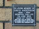 David ANDERSON
B: 1896
D: 1994
7 Jun 1994
aged 97
The Gap Uniting Church, Brisbane