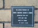 Agnes Andrina (Nancy) COWAN
13 Jul 1981
aged 54
The Gap Uniting Church, Brisbane