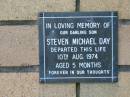 Steven Michael DAY
10 Aug 1974
aged 5 months
The Gap Uniting Church, Brisbane