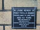 Peggy Phyllis BOURKE
14 Jun 1985
aged 63
mother of Lee
sister of Betty
daughter of David and Lucy Carnegie (Deceased)
sister of Don (Deceased)
The Gap Uniting Church, Brisbane