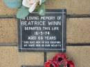 Beatrice WINN
16 May 1974
aged 69
The Gap Uniting Church, Brisbane
