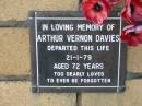 Arthur Vernon Davies
21 Jan 1979
aged 72
The Gap Uniting Church, Brisbane