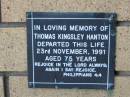 Thomas Kingsley HANTON
23 Nov 1991
aged 75
The Gap Uniting Church, Brisbane