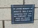 Mavis McLEAN
8 Feb 1994
aged 60
The Gap Uniting Church, Brisbane