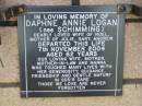 Daphne Annie LOGAN (nee SCHIMMING)
(wife of Noel)
(mother of Julie, Gary, Andrew)
7 Nov 2004
aged 62
The Gap Uniting Church, Brisbane