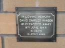 David Charles HANSEN
9 Jun 1944
aged 6 days
The Gap Uniting Church, Brisbane