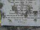 Barbara,
wife of Frederick EMERY,
died 8 May 1902 aged 39 years;
Frederick,
husband,
died 5 June 1915 aged 65 years;
Leslie EMERY,
son,
killed in action 29 Sept 1917 aged 22 years;
Tiaro cemetery, Fraser Coast Region