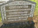 Matilda MURRAY,
died 11 July 1928 aged 49 years;
Mabel J. MURRAY,
died 23 Nov 1913 aged 5 years;
Jonathan MURRAY,
died 16 Nov 1943 aged 71 years;
Tiaro cemetery, Fraser Coast Region