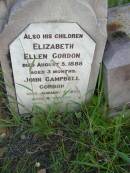 Samuel GORDON,
husband father,
accidentally killed 10 Feb 1907 aged 44 years;
Elizabeth Ellen GORDON,
child,
died 5 Aug 1888 aged 3 months;
John Campbell GORDON,
child,
died 9 Jan 1890 aged 8 months;
Elizabeth GORDON,
mother,
died 21 June 1920 aged 61 years;
Tiaro cemetery, Fraser Coast Region