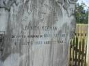 James KEENAN,
husband of Mary KEENAN,
died 5 July 1922 aged 67 years;
Mary KEENAN,
wife of James KEENAN,
died 9 May 1928 aged 70 years;
Tiaro cemetery, Fraser Coast Region