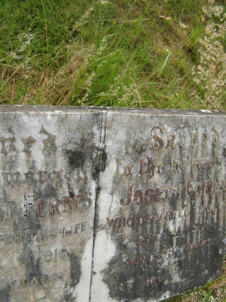Margaret FORBES,  | died 1 Nov 1916 aged 72 years;  | Joseph FORBES,  | died 4 Oct 1917 aged 69 years;  | Tiaro cemetery, Fraser Coast Region  | 