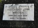 Alexander John Menzies
25 Nov 1956 aged 64
Toogoolawah Cemetery, Esk shire