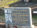 Arthur John BROWN, husband father,
died 28 Dec 1957;
Gertrude Lindsay BROWN, wife mother,
died 26 April 1967;
Frederick G. BROWN,
died 1933;
Hannah E. BROWN,
died 1933;
their children;
Florence G. died 1926;
Russell W.A. died 1930;
Frederick K. James George killed in action 1916;
Toogoolawah Cemetery, Esk shire