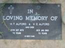 H.T. ALFORD
30 Oct 1979 aged 78
V.C. ALFORD
18 Jan 1985 aged 72
Toogoolawah Cemetery, Esk shire