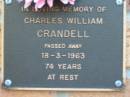 Charles William CRANDELL
18 Mar 1963 aged 74
Toogoolawah Cemetery, Esk shire