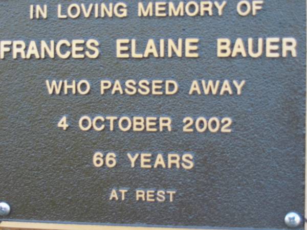 Frances Elaine BAUER  | 4 Oct 2002 aged 66  | Toogoolawah Cemetery, Esk shire  | 