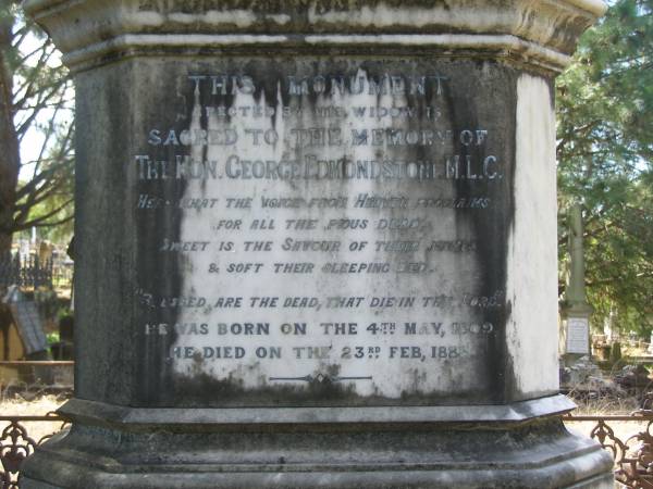 George EDMONDSTONE )M.L.C.)  | b: 4-May-1809  | d: 23-Feb-1883  |   | Brisbane General Cemetery (Toowong)  | 