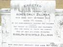 Agnes Emily ZILLMAN,
died 24 Oct 1935 aged 73 years,
erected by husband & children;
Rudolph Atherfold ZILLMAN, husband,
died 24 Jan 1952 aged 80 years;
R.V. Redvers ZILLMAN, son,
died 2 Sept 1975 aged 74 years;
Edith Lorna ZILLMAN, wife of J.R.F. ZILLMAN,
born 5-10-1903 died 25-11-1995;
J. Rolly ZILLMAIN,
died 5-12-84 aged 86 years,
husband of Lorna,
father of Allan, Graham, Kenneth & families;
Upper Caboolture Uniting (Methodist) cemetery, Caboolture Shire