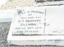 Agnes Emily ZILLMAN,
died 24 Oct 1935 aged 73 years,
erected by husband & children;
Rudolph Atherfold ZILLMAN, husband,
died 24 Jan 1952 aged 80 years;
R.V. Redvers ZILLMAN, son,
died 2 Sept 1975 aged 74 years;
Edith Lorna ZILLMAN, wife of J.R.F. ZILLMAN,
born 5-10-1903 died 25-11-1995;
J. Rolly ZILLMAIN,
died 5-12-84 aged 86 years,
husband of Lorna,
father of Allan, Graham, Kenneth & families;
Upper Caboolture Uniting (Methodist) cemetery, Caboolture Shire