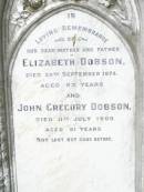 Elizabeth DOBSON, mother,
died 20 Sept 1874 aged 53 years;
John Gregory DOBSON, father,
died 11 July 1900 aged 81 years;
Upper Caboolture Uniting (Methodist) cemetery, Caboolture Shire