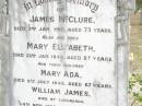James MCCLURE,
died 2 Jan 1918 aged 73 years;
Mary Elizabeth, wife,
died 22 Jan 1944 aged 87 years;
children:
Mary Ada, died 8 July 1932 aged 67 years;
William James,
died Longreach 24 Nov 1899 aged 20 years;
Arthur Walter,
died 21 Feb 1906 aged 18 years;
Beatrice Amy,
died Feb 1893 aged 4 years;
James Atkinson & Gertrude Louisa, died in infancy;
Atkinson MCCLURE,
born County Armagh Ireland,
accidentally drowned
24-12-1868 Amby Downs Station aged 27 years;
John William MCCLURE,
died 8-7-93 aged 68 years,
missed by brothers & sisters;
Ethel Jane MCCLURE,
died 5 May 1973 aged 82 years;
Albert John MCCLURE,
died 24 July 1961 aged 79 years;
Alfred Thomas MCCLURE,
died 1 Nov 1876 aged 82 years;
Raymond MCCLURE (Curly),
twin to Betty R.I.P. Lawton,
died 24-8-01 aged 74;
Upper Caboolture Uniting (Methodist) cemetery, Caboolture Shire