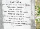 James MCCLURE,
died 2 Jan 1918 aged 73 years;
Mary Elizabeth, wife,
died 22 Jan 1944 aged 87 years;
children:
Mary Ada, died 8 July 1932 aged 67 years;
William James,
died Longreach 24 Nov 1899 aged 20 years;
Arthur Walter,
died 21 Feb 1906 aged 18 years;
Beatrice Amy,
died Feb 1893 aged 4 years;
James Atkinson & Gertrude Louisa, died in infancy;
Atkinson MCCLURE,
born County Armagh Ireland,
accidentally drowned
24-12-1868 Amby Downs Station aged 27 years;
John William MCCLURE,
died 8-7-93 aged 68 years,
missed by brothers & sisters;
Ethel Jane MCCLURE,
died 5 May 1973 aged 82 years;
Albert John MCCLURE,
died 24 July 1961 aged 79 years;
Alfred Thomas MCCLURE,
died 1 Nov 1876 aged 82 years;
Raymond MCCLURE (Curly),
twin to Betty R.I.P. Lawton,
died 24-8-01 aged 74;
Upper Caboolture Uniting (Methodist) cemetery, Caboolture Shire