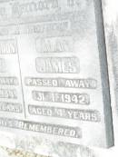 sons brothers;
Robert Gordon JAMES,
died 28-10-1934 aged 10 years;
Alan JAMES,
died 31-1-1942 aged 4 years;
Upper Caboolture Uniting (Methodist) cemetery, Caboolture Shire