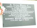 Owen Lofty CARSELDINE,
18-12-1921 - 31-3-2004,
husband of May,
father of Gary, Merle, Kathryn & Janelle,
grandfather great-grandfather;
Rodney Myles CARSELDINE, son,
died 4-10-1955 aged 8 hours;
Upper Caboolture Uniting (Methodist) cemetery, Caboolture Shire