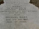 
Mary,
wife of Michael HART,
died 18 Sept 1893 aged 50 years;
Michael HART,
died Nov 1921 aged 77 years;
Upper Coomera cemetery, City of Gold Coast
