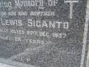 
Colin Lewis SIGANTO,
son brother,
accidentally killed 20 Dec 1937 aged 28 years;
Upper Coomera cemetery, City of Gold Coast
