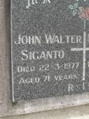 
John Walter SIGANTO,
died 22-3-1977 aged 71 years;
Mabel Ellen SIGANTO,
died 26-12-1992 aged 82 years;
Upper Coomera cemetery, City of Gold Coast
