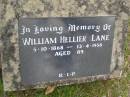 
William HELLIER LANE,
5-10-1868 - 13-4-1958 aged 89 years;
Upper Coomera cemetery, City of Gold Coast
