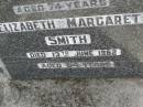 
William SMITH,
died 13 June 1951 aged 74 years;
Elizabeth Margaret SMITH,
died 13 June 1962 aged 84 years;
Upper Coomera cemetery, City of Gold Coast
