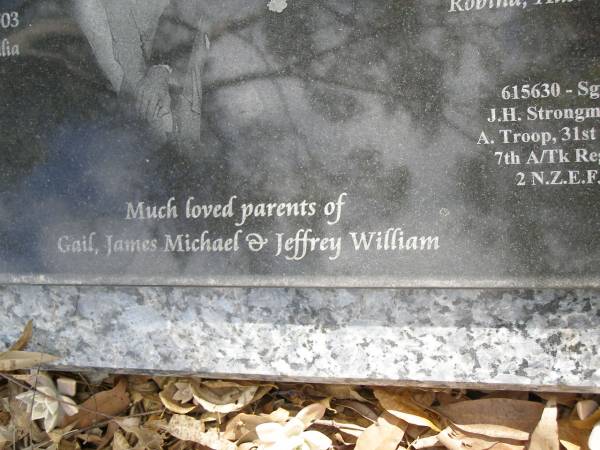 Shirley Dolores STRONGMAN (nee HOLDEN),  | born Auckland New Zealand 20 August 1925,  | died Brisbane Australia 18 March 2003;  | James Havelock STRONGMAN,  | born Auckland New Zealand 15 Sept 1923,  | died Robina Australia 27 Aug 2005;  | parents of Gail, James Michael & Jeffrey William;  | Upper Coomera cemetery, City of Gold Coast  | 