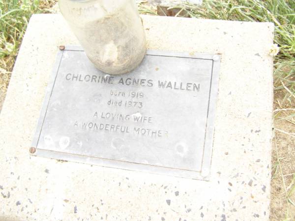 Chlorine Agnes WALLEN,  | wife mother,  | 1919 - 1973;  | Warra cemetery, Wambo Shire  | 