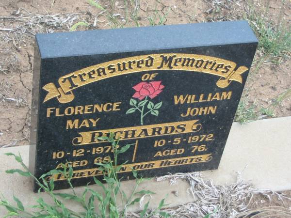 Florence May RICHARDS,  | died 10-12-1972 aged 68 years;  | William John RICHARDS,  | died 10-5-1972 aged 76 years;  | Warra cemetery, Wambo Shire  | 
