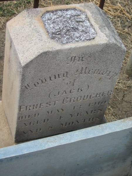 Ernest (Jack) CROUCHER,  | died 13 May 1910 aged 4 years 8 months;  | Warra cemetery, Wambo Shire  | 